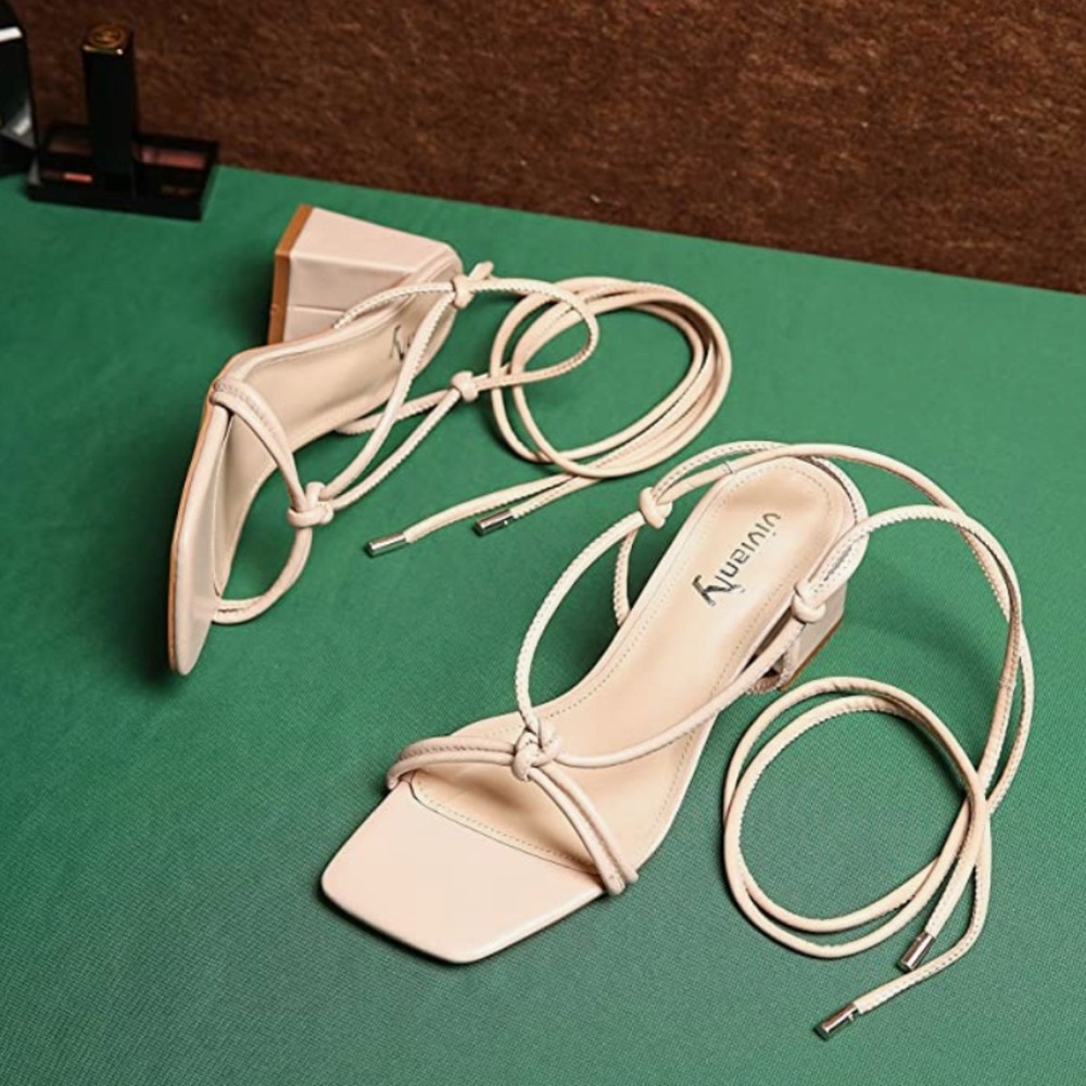 Tan ankle wrap block heel sandals